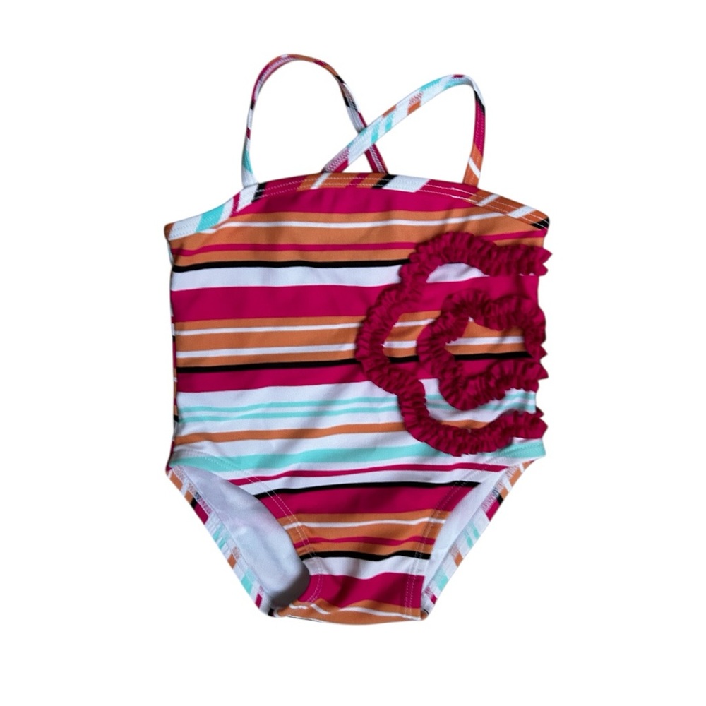 Multicolor Striped Baby Swim Suit with Ruffle Flower Accent